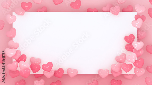 Hearts frame background. Valentines day wallpaper. 3d illustration. Wedding or marriage celebration. Romantic poster or banner hearts backdrop. Pastel pink love. Place for text.
