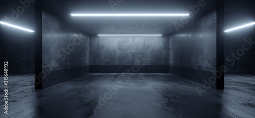 Fototapeta Naklejka Na Ścianę i Meble -  Car Parking Sci Fi Lightning Laser Led Grunge Modern Futuristic Cement Concrete Grunge Wide Huge Warehouse Garage Tunnel Room Underground 3D Rendering