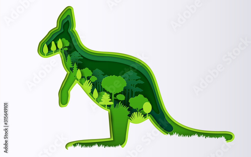 Paper art style of kangaroo with many plants, origami save the planet and energy concept.
