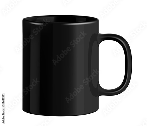 Black ceramic mug. Cup on transparent background. Vector illustration. Realistic style. 3D style.