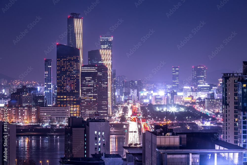 seoul city and skyscraper, yeouido at night, south korea. - obrazy, fototapety, plakaty 