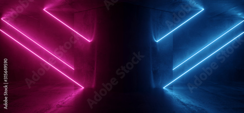 Sci Fi Futuristic NEON Beam Laser Tubes Lines Triangle Shaped Column Concrete Grunge Reflective Warehouse Garage Parking Room Underground Purple Blue Red 3D Rendering © IM_VISUALS