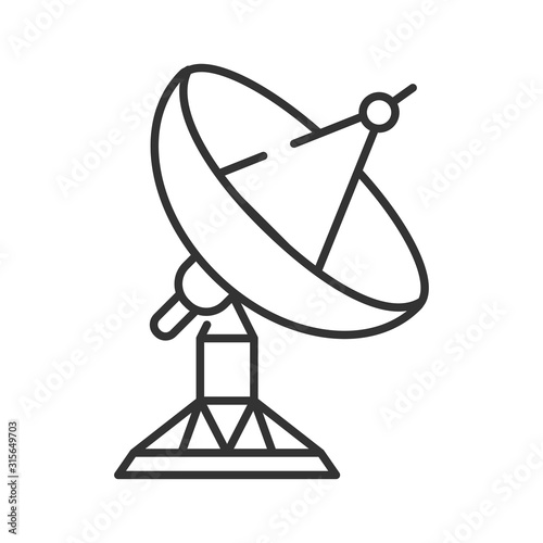 Radar satellite dish black line icon. Wireless communication equipment. Antenna transmits and receives a signal from space. Sign for web page, mobile app, banner, social media. Editable stroke.