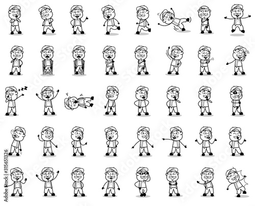 Retro Drawing of Cartoon Vendor Poses - Set of Concepts Vector illustrations