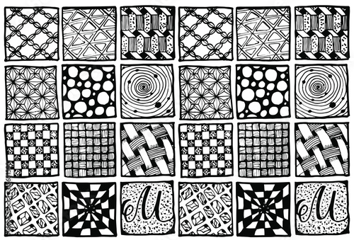 Squares with different patterns inside. Tiles with illustrations.