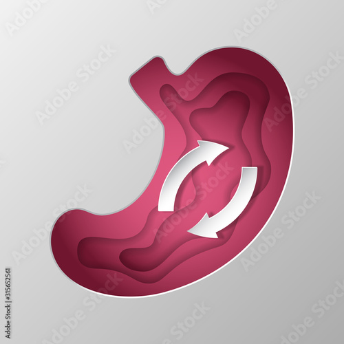Pink silhouette of the stomach carved on paper.