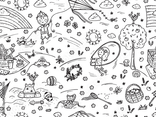 Children Outdoor Activities. Summer Camp or holidays. Summer vacation. Happy children playing in the Park. Kids at the picnic. Hand drawn doodle Childhood Seamless Pattern. Background for kids