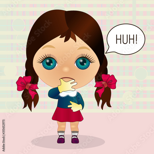 Emoticon with a cool girl, who stands with a puzzled and unhappy look and thinks Hoh, color clip art on checkered background