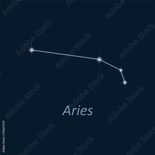 Science astronomy, stars on deep blue background. Vector night sky and zodiac. Aries constellation.