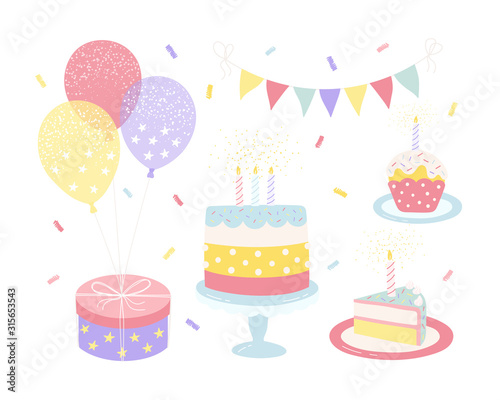 Happy birthday festive set. Sweet cake with candles  cupcake  dessert  gift  balloons  garland  confetti. Cute hand drawn collection. Vector isolated illustration on a white background.