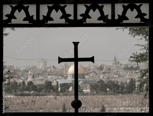 DEC 2019 view of Jerusalem from Dominus Flevit Church - ISRAEL - concept of multi religious country - Christian and Muslim religion. photo