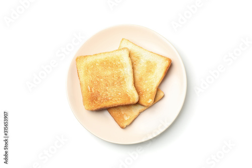 Plate with tasty toasts isolated on white background, top view