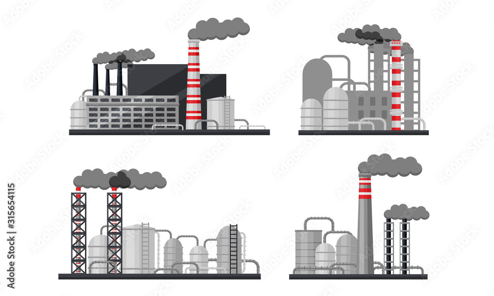 Industrial Buildings and Factories Vector Set. Plants with Chimneys Discharging Manufacturing Smoke