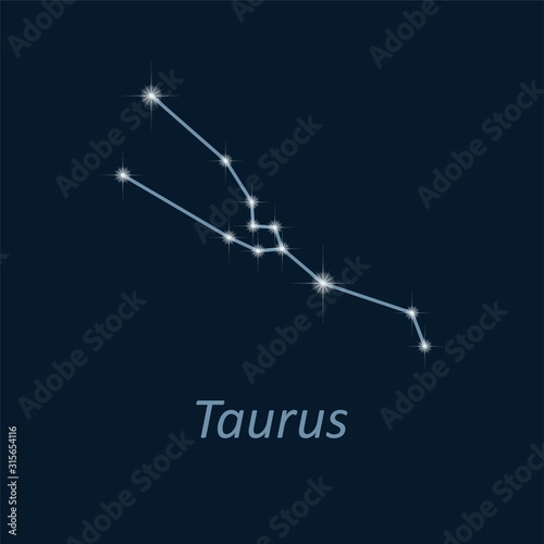 Science astronomy, stars on deep blue background. Vector night sky and zodiac. Taurus constellation.