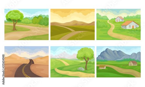 Countryside Landscapes with Hills and Houses Vector Set