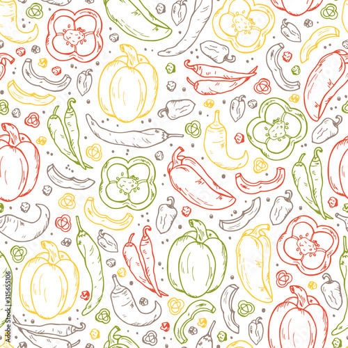 Vegetables and Spices Vector Seamless pattern. Hand drawn doodle: bell pepper, chili pepper, hot pepper, peppercorns.