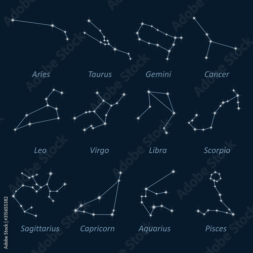 Science astronomy, star chart on deep blue background. Vector night sky and constellations. Zodiac collection.