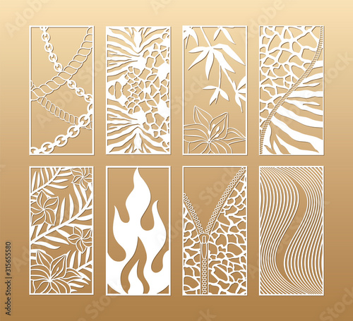 8 Laser cut vector panels (ratio 1:2). Cutout silhouette with tropical trees and flowers, animal skin. The set is suitable for engraving, laser cutting wood, metal, stencil manufacturing.