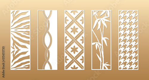 5 Laser cut vector panels (ratio 1:3). Cutout silhouette with animal skin, bamboo, rope, hounds tooth, flowers. The set is suitable for engraving, laser cutting wood, metal, stencil manufacturing.