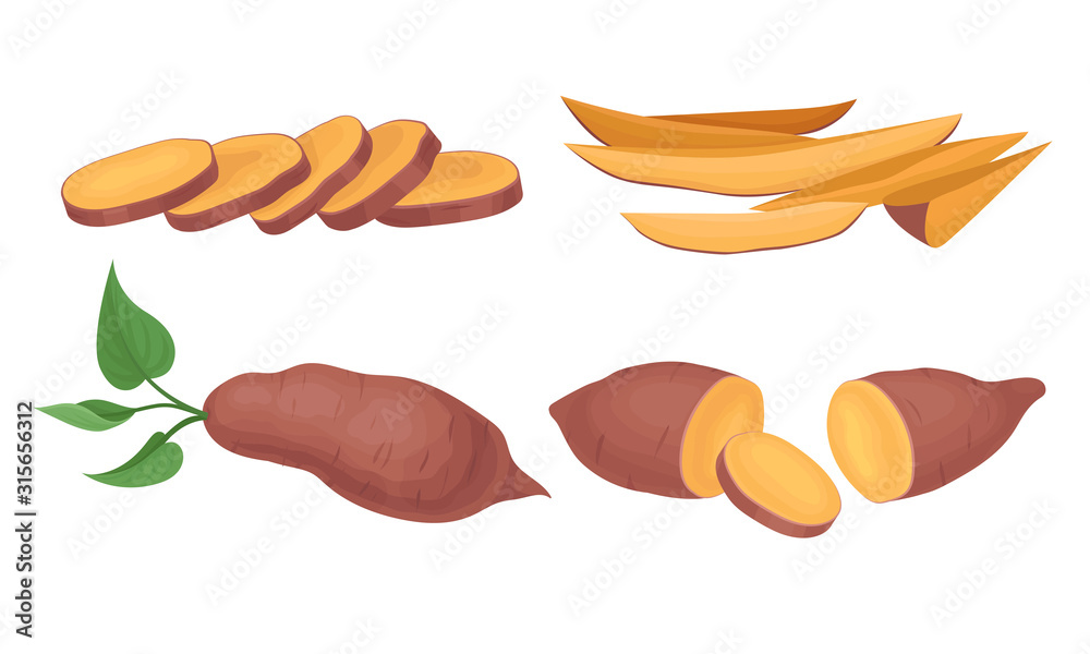 Obraz premium Chopped and Cut into Slices Sweet Potatoes Vector Set