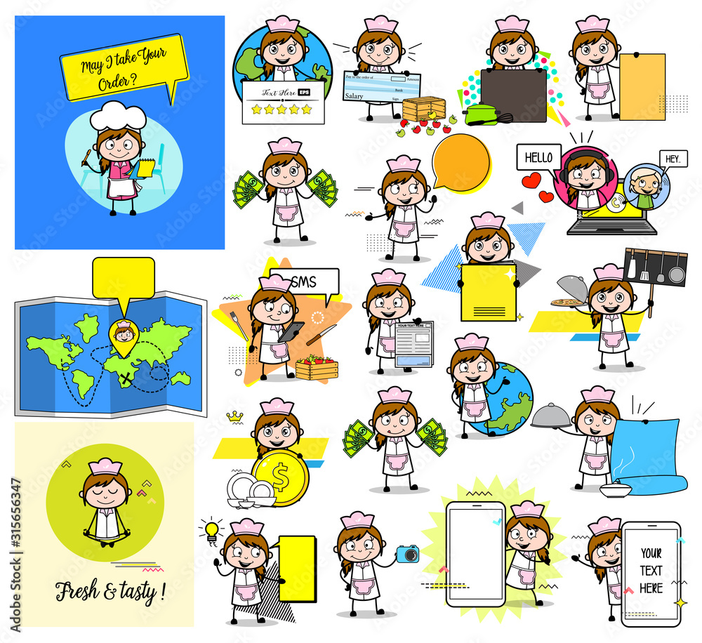 Obraz premium Cartoon Waitress with Various Concepts - Different Vector illustrations