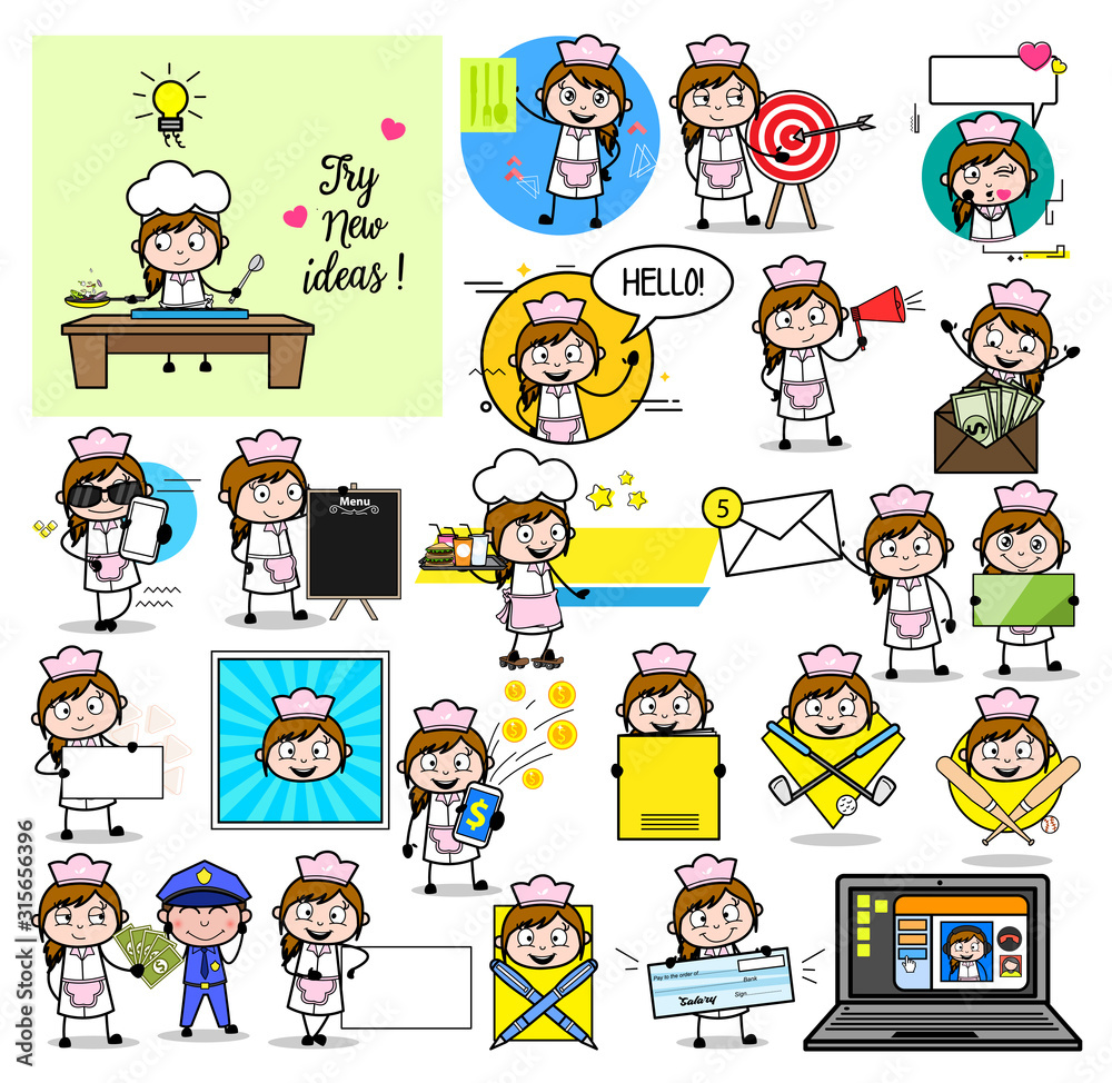 Different Concepts of Cartoon Waitress - Set of Concepts Vector illustrations Different Concepts of Cartoon Waitress - Set of Concepts Vector illustrations