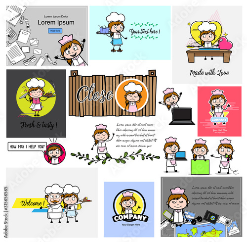 Comic Waitress Concepts - Set of Concepts Vector illustrations