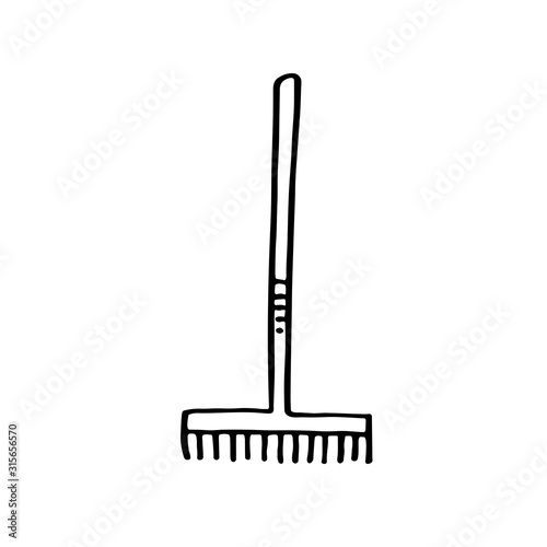 Rake for gardening vector doodle line art illustration, sticker, icon. Isolated on white background. Easy to change color. Design element. Gardening tools for small home garden.