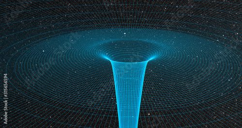 Ripple in space-time continuum displaying gravitational sock waves with galaxy 3d rendering photo