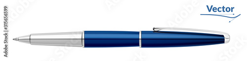 Ballpoint pen. Classic blue pen. Metal ballpoint pen. Realistic style. 3D style. Vector illustration.  photo