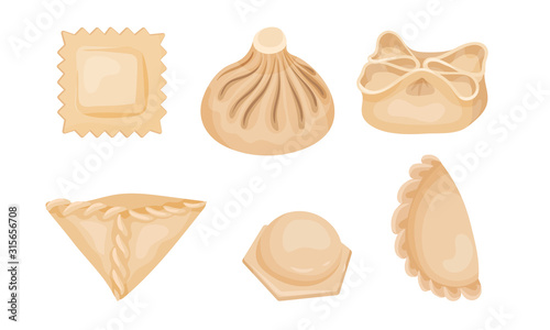 Dumplings of Dough Vector Set. Different Types of Folding Dumplings