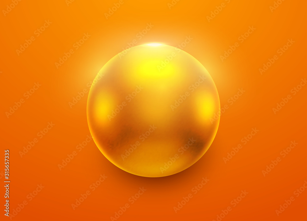 Obraz premium Abstract colorful minimal background with bright yellow or golden glossies ball. Design fashion art illustration. Digital template for wallpaper, cover, poster, banner, flyer. Vivid vector element.
