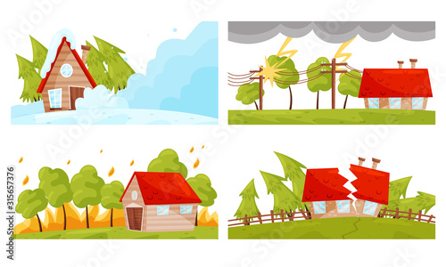 Natural Disaster with Landslide and Earthquake Vector Illustrations Set. Force of Nature Concept