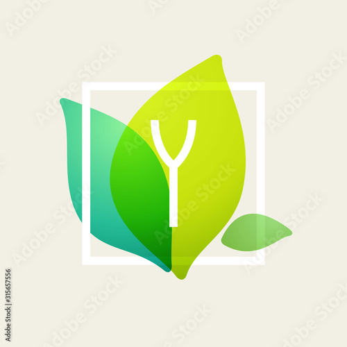 Y letter logo in square frame at green leaves watercolor background.