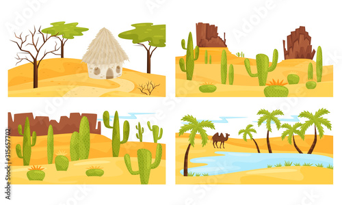 Colorful Desert Landscapes with Camel and Rocky Mountains Vector Scenes Set