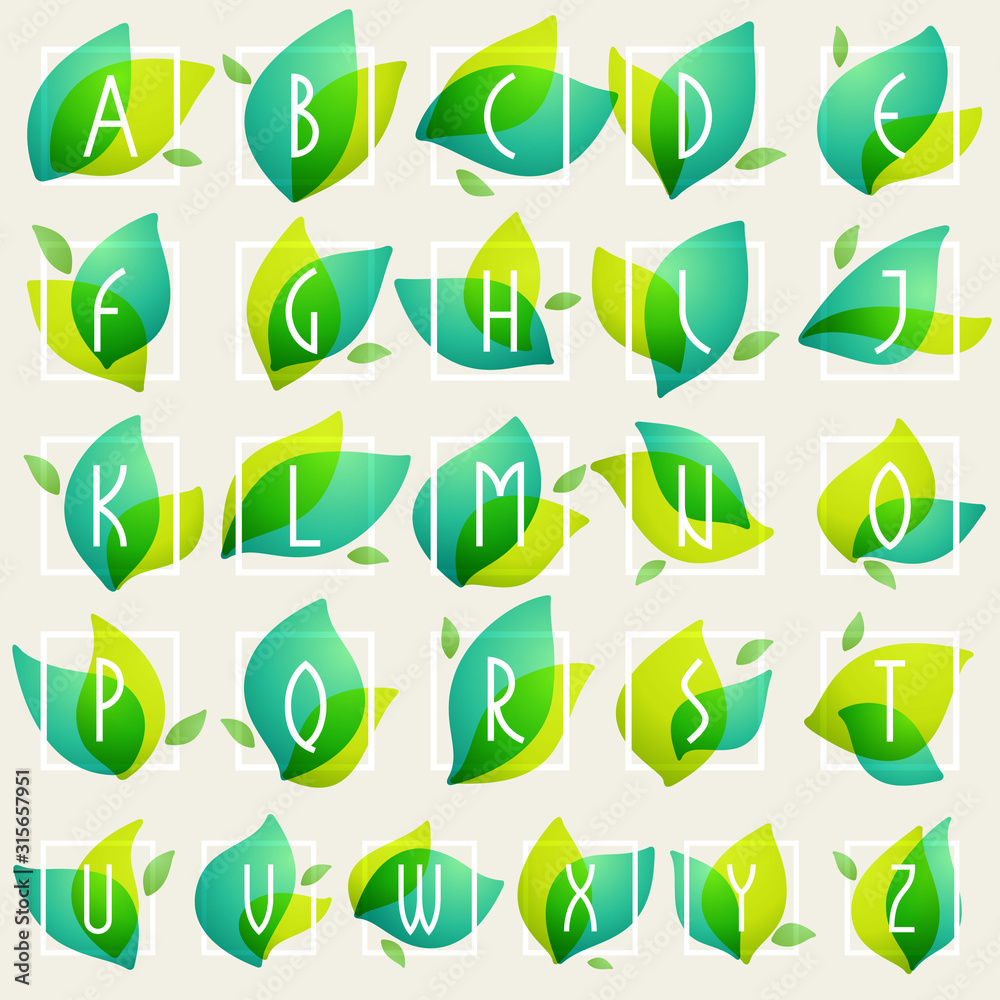 Alphabet in square frames at green leaves watercolor background. Alphabet in square frames at green leaves watercolor background.