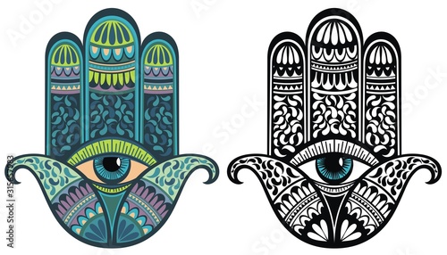 Illustration of Hamsa with boho pattern. Buddhas hand. Vector element for your sketch of tattoo