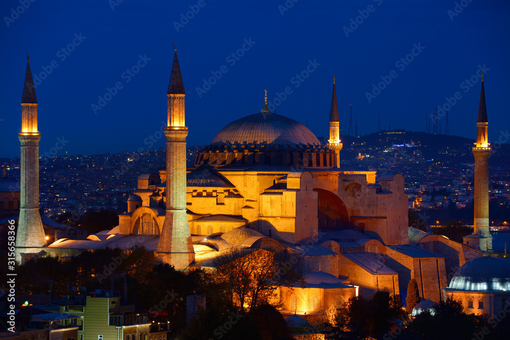 Night lights on Hagia Sophia and Sultan Selim Murat Turbesi at twilight in Istanbul Turkey