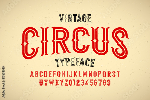 Vintage style Circus typeface, alphabet letters and numbers photo