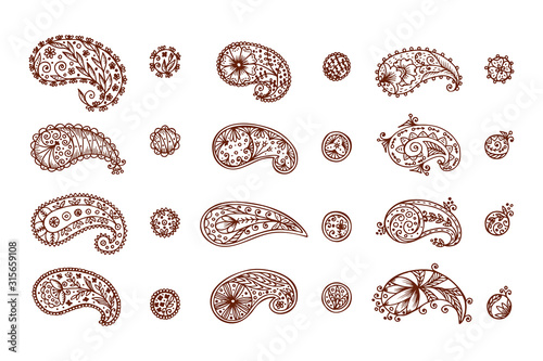 Floral design elements set. Hand drawn doodle Paisley