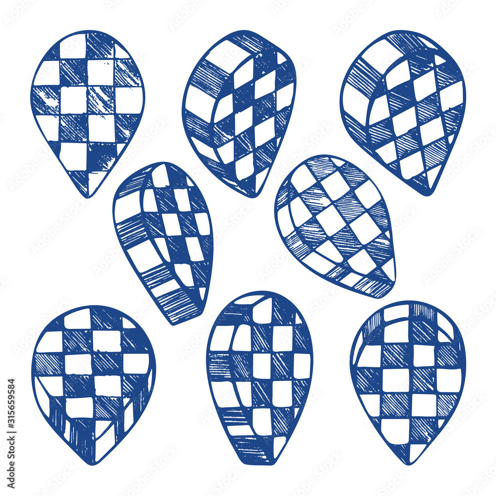Fototapeta premium Taxi map pins sketch drawing collection. Hand drawn map pin with checkerboard texture. Taxi signs set in different angles and views.