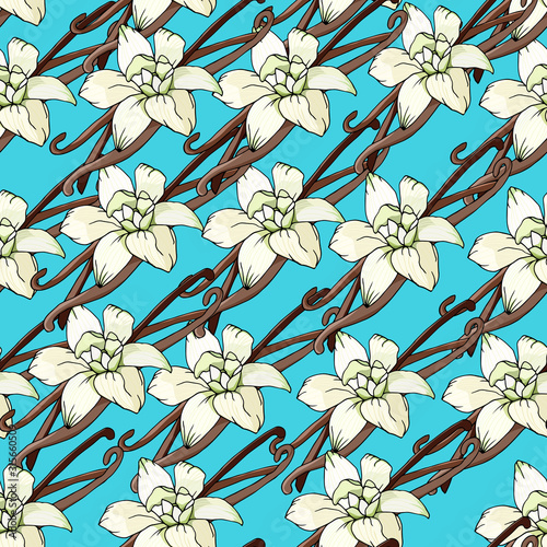 Wallpaper Mural Bright floral pattern of white flowers on a blue background. Vector illustration of tropical flowers, vanilla, orchid. Torontodigital.ca