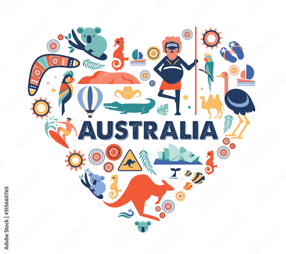 Australia illustration of heart with many icons, symbols. Vector design