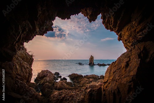 Seaside cave with sunset views