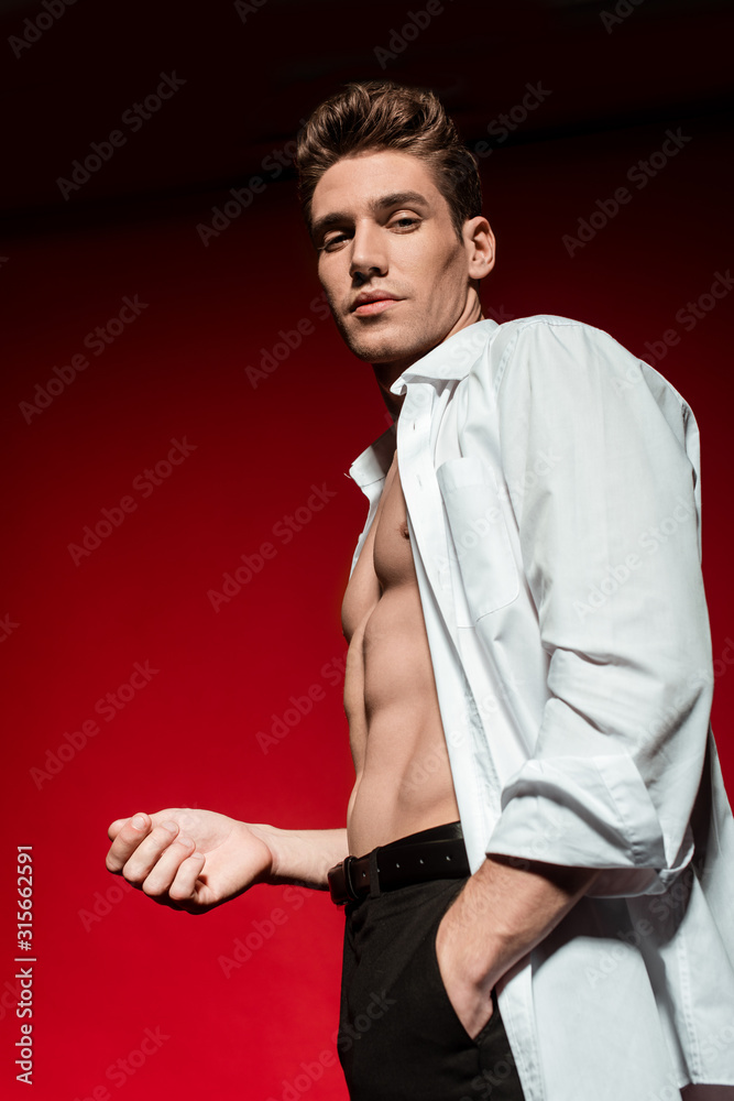 low angle view of sexy young elegant man in unbuttoned shirt with muscular bare torso posing with hand in pocket on red background low angle view of sexy young elegant man in unbuttoned shirt with muscular bare torso posing with hand in pocket on red background