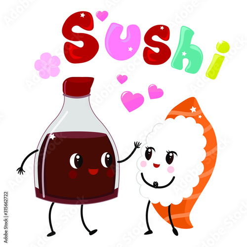 Soy sauce and sushi cute cartoon friendship. Time for sushi. Banner for  asian menu. Children's characters.