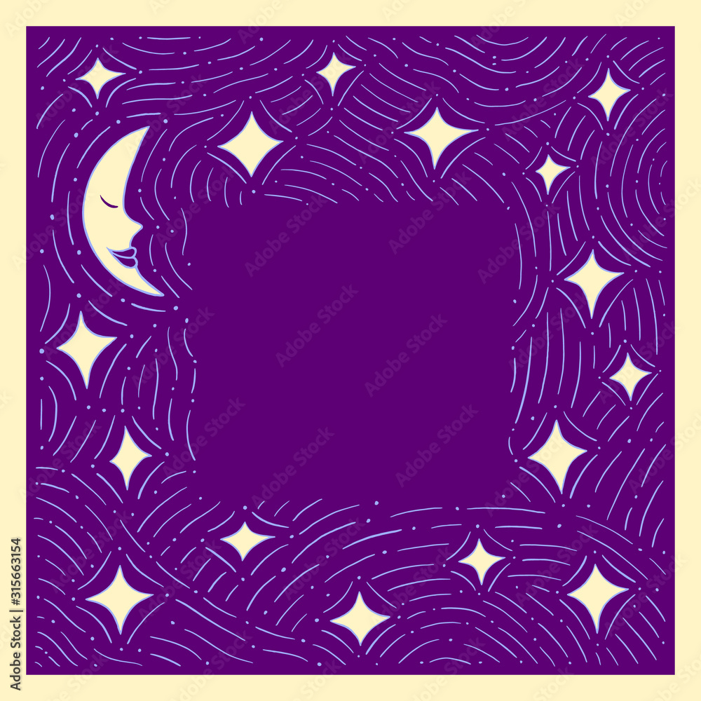 Hand drawn vector fram with moon and stars.