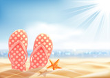 Summer holiday background, vacation on a sunny beach, polka dot flip-flop and starfish on the sand, vector.