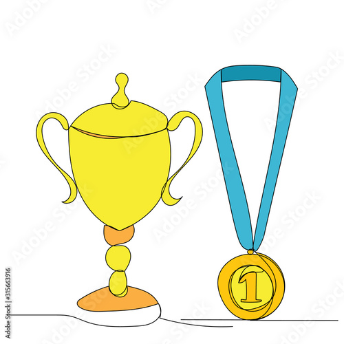 isolated, continuous line drawing of a winner's cup with a medal, sketch