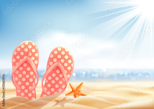 Summer holiday background, vacation on a sunny beach, polka dot flip-flop and starfish on the sand, vector.